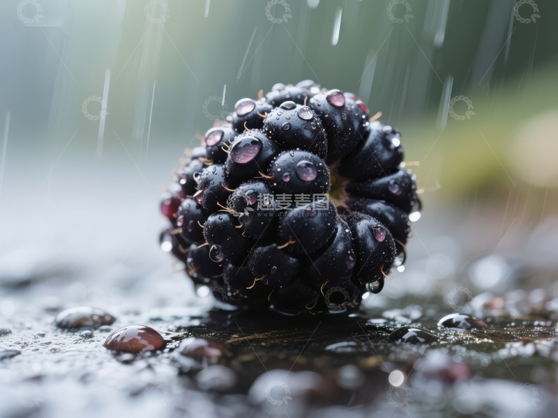雨中黑莓，水珠点缀