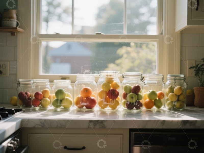 高清大图下载【趣麦麦图】厨房窗台上的水果罐装展示
