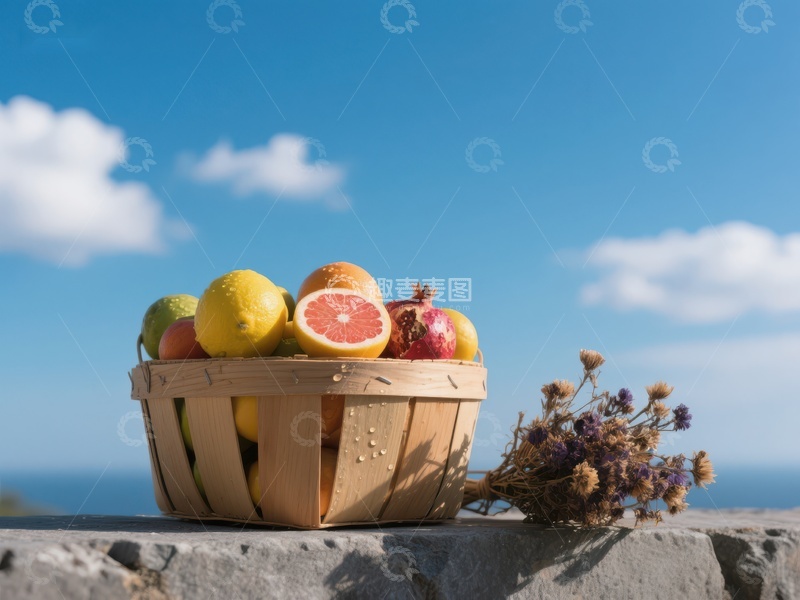 高清大图下载【趣麦麦图】篮子里的柑橘类水果与干花