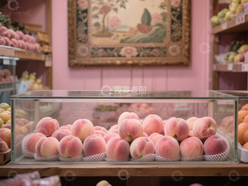 高清大图下载【趣麦麦图】新鲜桃子陈列在透明展示柜中