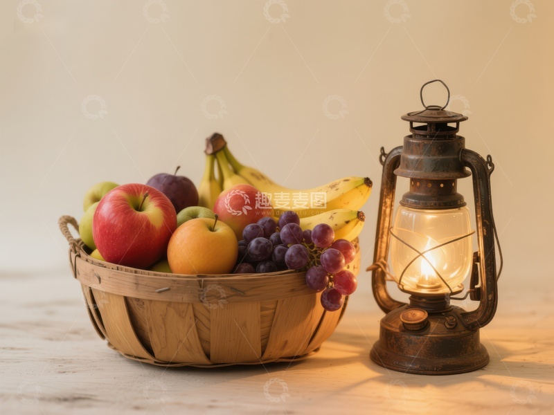 高清大图下载【趣麦麦图】水果篮与复古油灯静物