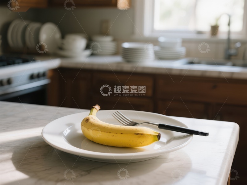 高清大图下载【趣麦麦图】厨房台面上的香蕉与叉子