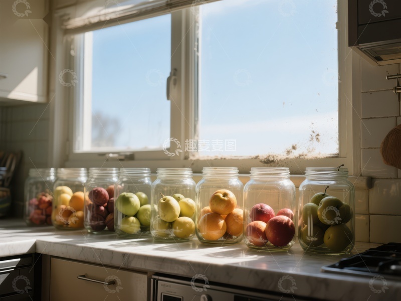 高清大图下载【趣麦麦图】窗台上的玻璃罐水果