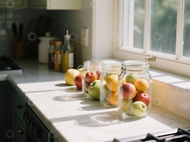 高清大图下载【趣麦麦图】厨房窗台上的水果罐