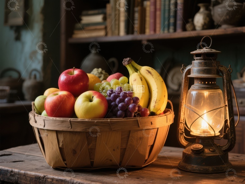 高清大图下载【趣麦麦图】水果篮与复古油灯