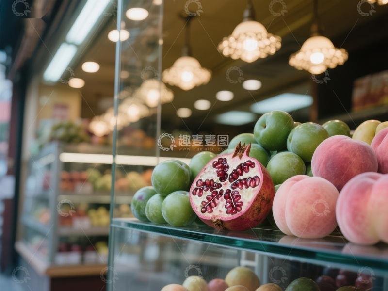 高清大图下载【趣麦麦图】水果店展示柜中的新鲜水果