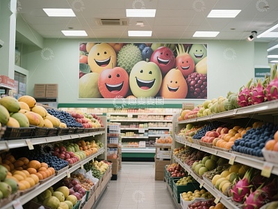 超市水果区，墙上挂有笑脸水果壁画