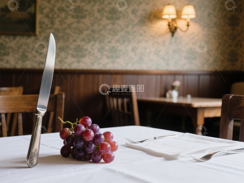 高清大图下载【趣麦麦图】餐桌上的葡萄与刀具
