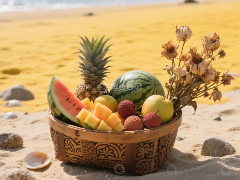 高清大图下载【趣麦麦图】沙滩上的水果篮