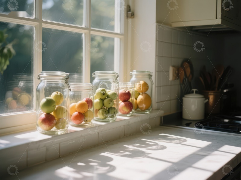 高清大图下载【趣麦麦图】窗台上的玻璃罐与新鲜水果