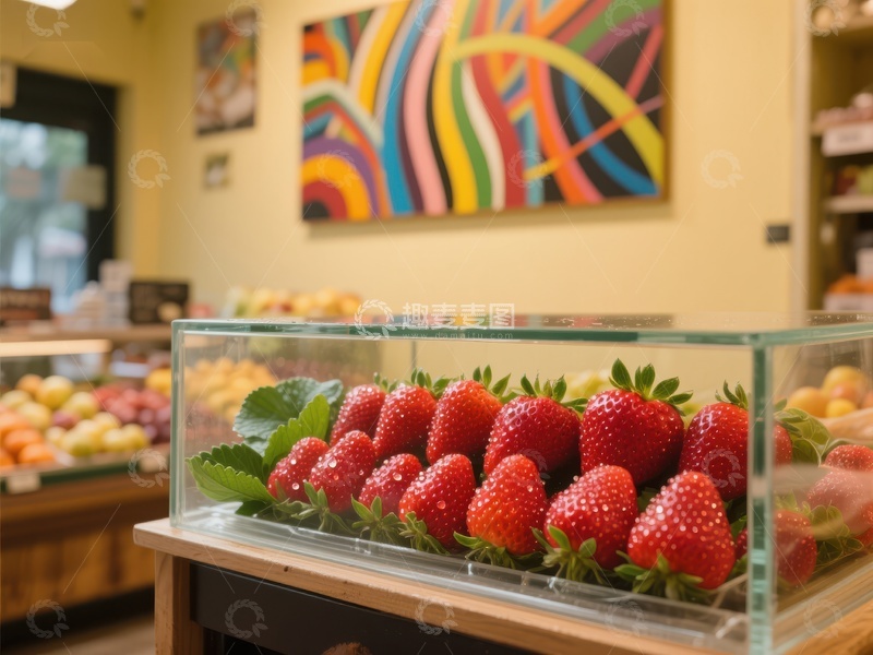 高清大图下载【趣麦麦图】新鲜草莓展示在透明玻璃柜中