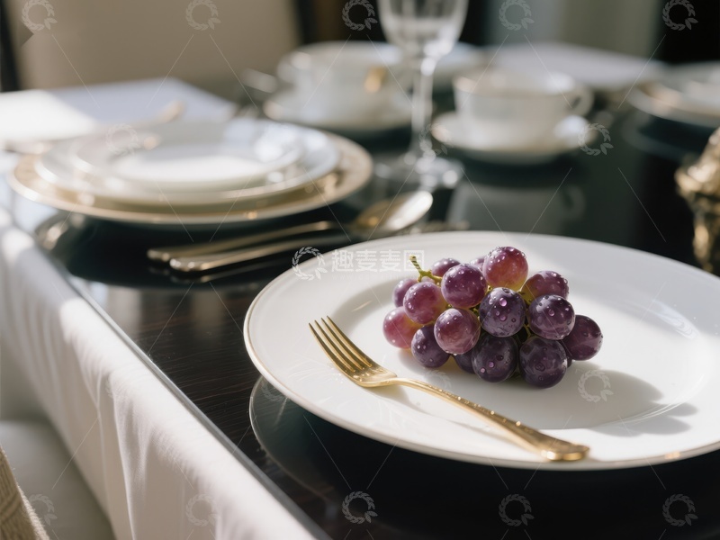 高清大图下载【趣麦麦图】精致餐桌上的葡萄与餐具