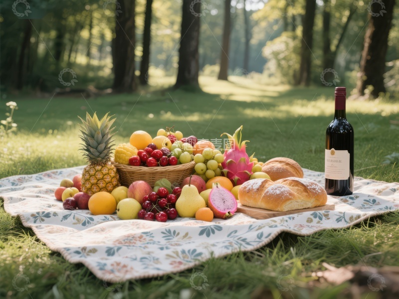 高清大图下载【趣麦麦图】林间野餐：水果面包与红酒