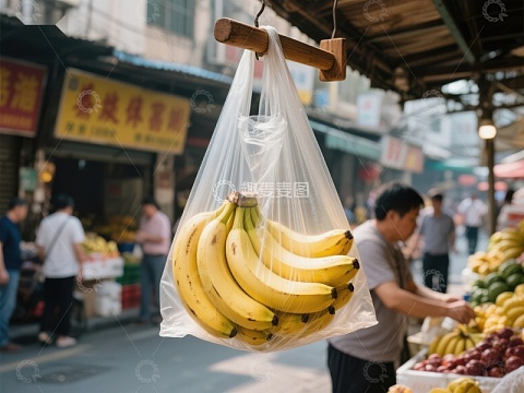 市场摊位前悬挂的香蕉
