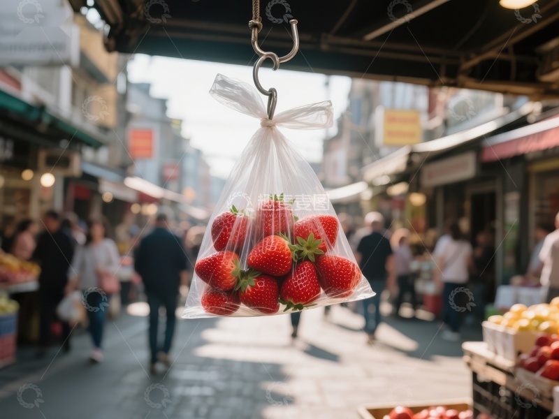 高清大图下载【趣麦麦图】市场悬挂的草莓袋