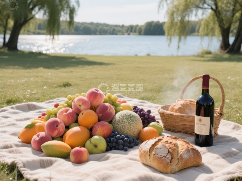 高清大图下载【趣麦麦图】湖畔野餐：水果面包与红酒