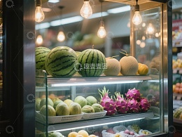 水果冷藏柜展示西瓜与火龙果