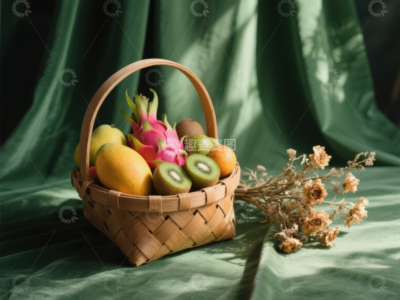 高清大图下载【趣麦麦图】竹篮盛满热带水果与干花