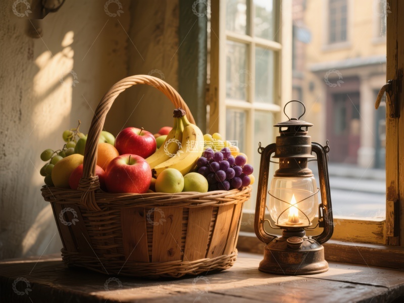 高清大图下载【趣麦麦图】窗边果篮与油灯