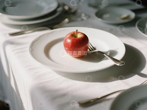 红苹果置于白色盘子中央