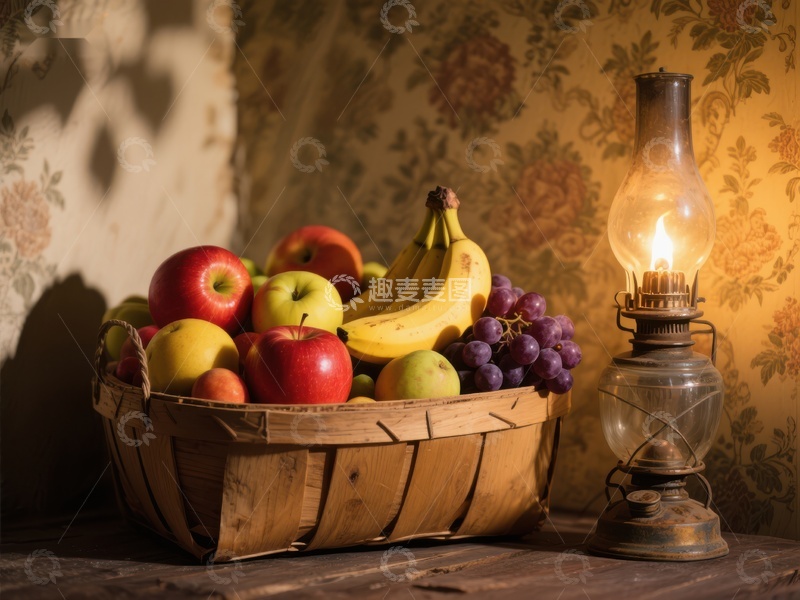 高清大图下载【趣麦麦图】复古油灯旁的水果篮