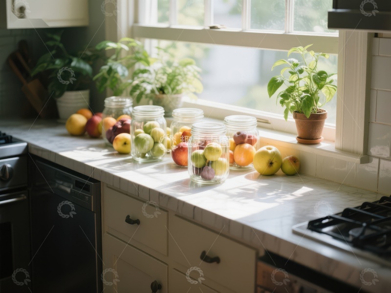 高清大图下载【趣麦麦图】厨房窗台上的新鲜水果与绿植