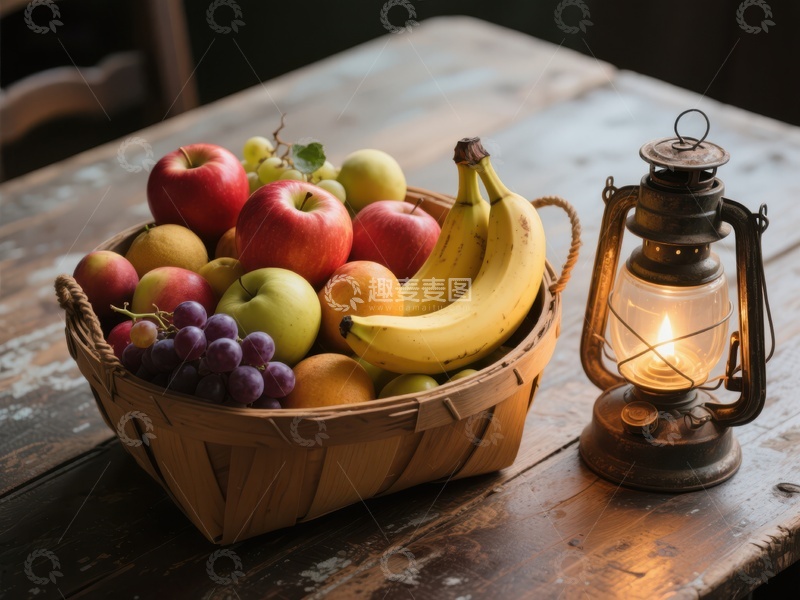 高清大图下载【趣麦麦图】水果篮与复古油灯静物