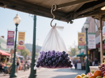 市场摊位悬挂的蓝莓袋