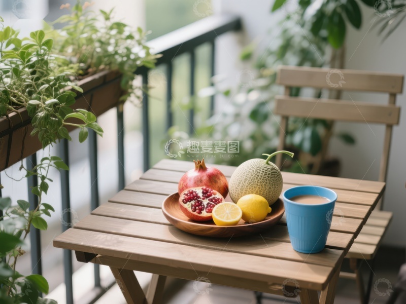 高清大图下载【趣麦麦图】阳台上的水果与咖啡