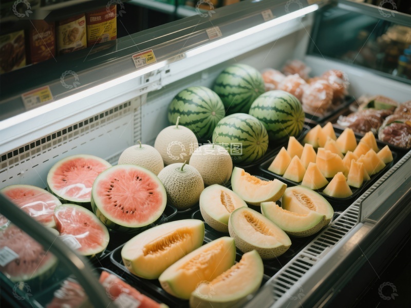 高清大图下载【趣麦麦图】超市冷藏区展示的新鲜切片水果