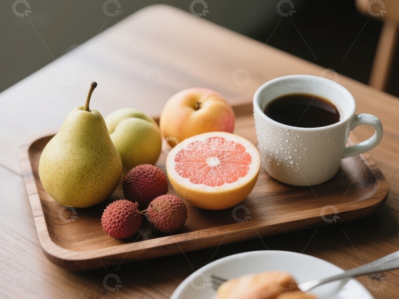 高清大图下载【趣麦麦图】木盘上的水果与咖啡