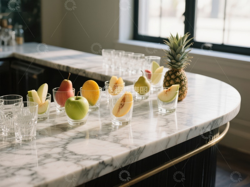 高清大图下载【趣麦麦图】大理石吧台上的水果与饮品