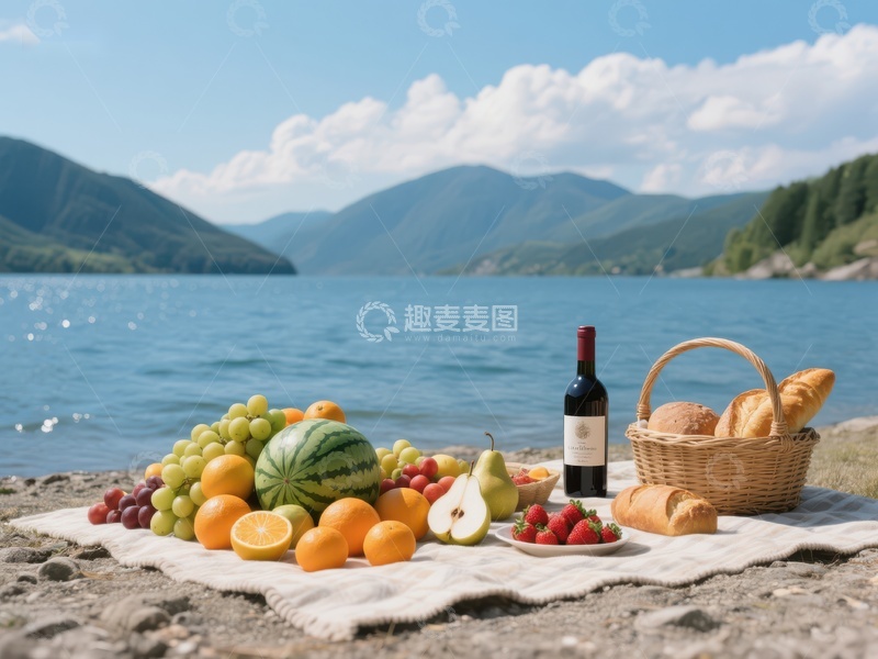 高清大图下载【趣麦麦图】湖畔野餐，水果美酒与面包