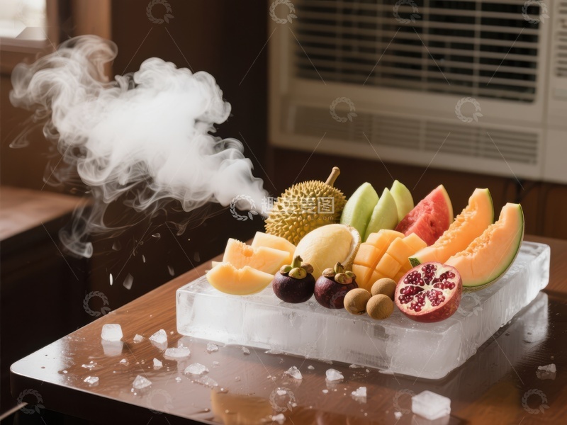 高清大图下载【趣麦麦图】冰块上的热带水果与烟雾
