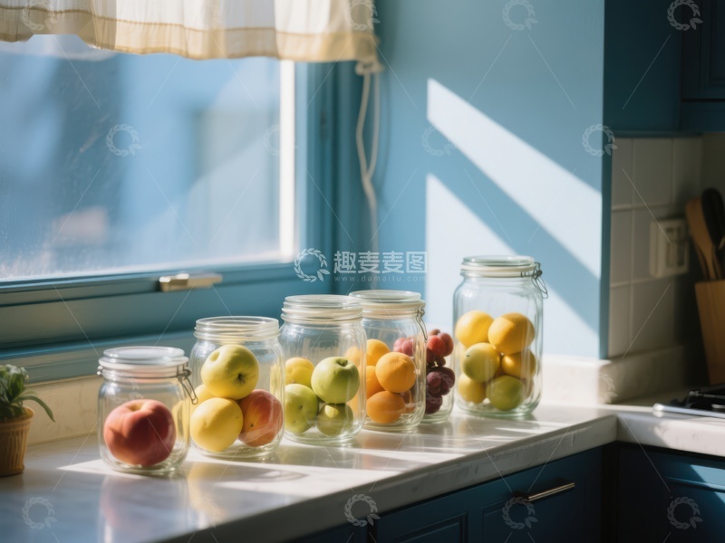 高清大图下载【趣麦麦图】阳光洒落的厨房台面与水果罐