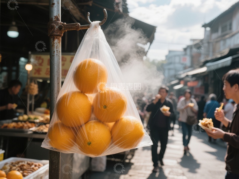 高清大图下载【趣麦麦图】市场摊位上悬挂的橙子