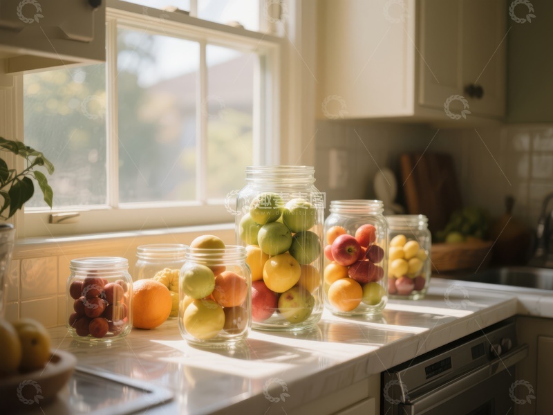 高清大图下载【趣麦麦图】厨房窗台上的水果罐