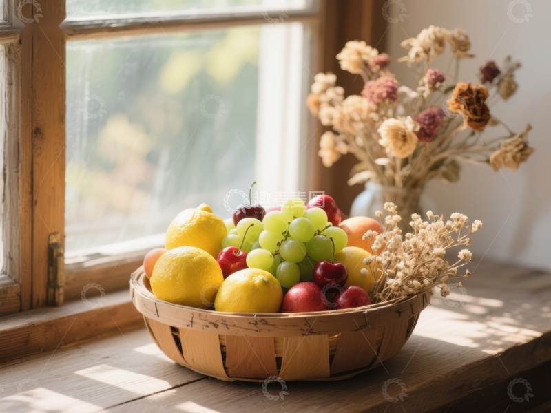 高清大图下载【趣麦麦图】窗边果篮与干花装饰