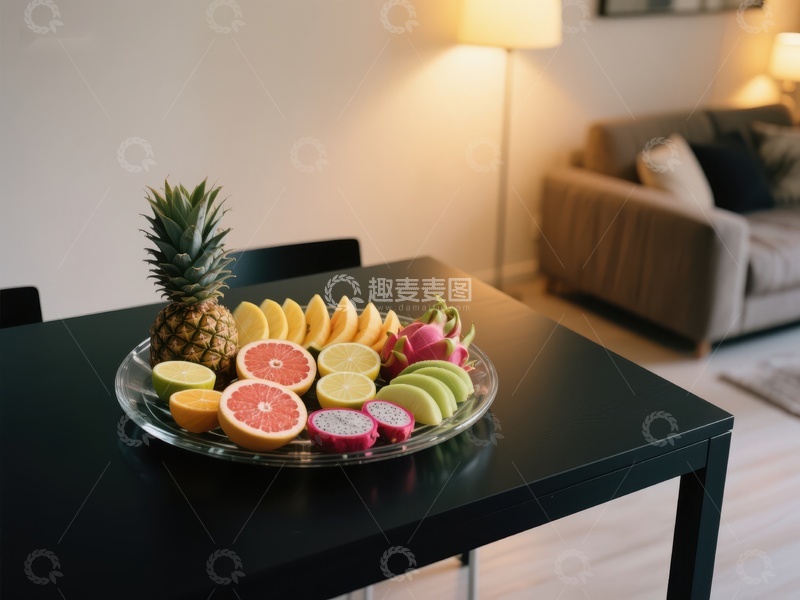 高清大图下载【趣麦麦图】水果拼盘摆放在现代客厅的桌子上