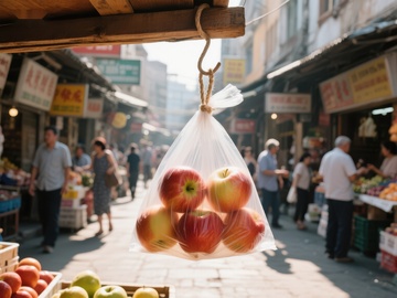 市场摊位前悬挂的苹果袋