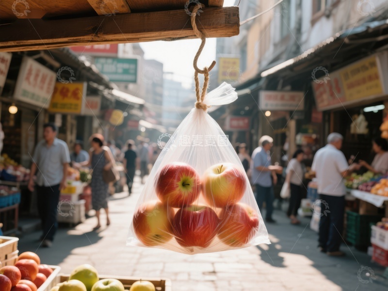 市场摊位前悬挂的苹果袋