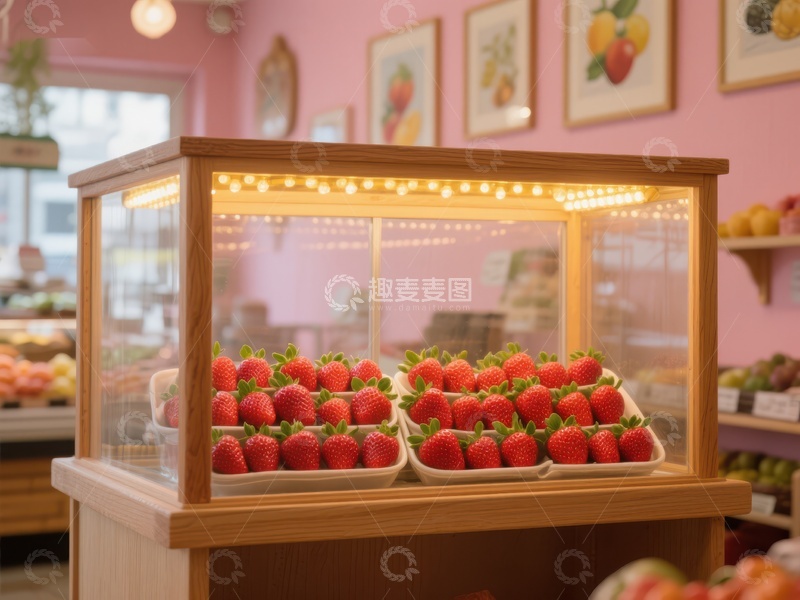 高清大图下载【趣麦麦图】新鲜草莓陈列于透明展示柜中