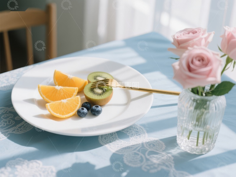 高清大图下载【趣麦麦图】清新早餐：水果与玫瑰花的静谧时光