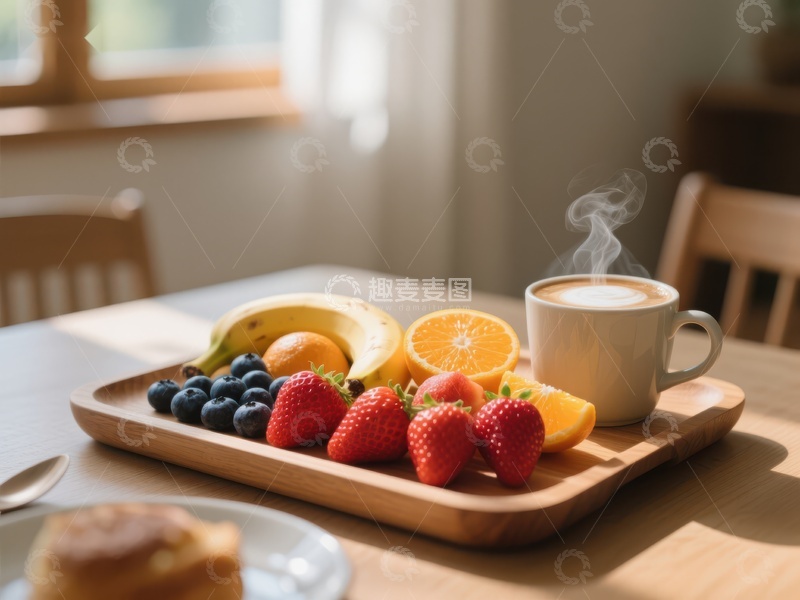 高清大图下载【趣麦麦图】早餐托盘上的新鲜水果与热饮