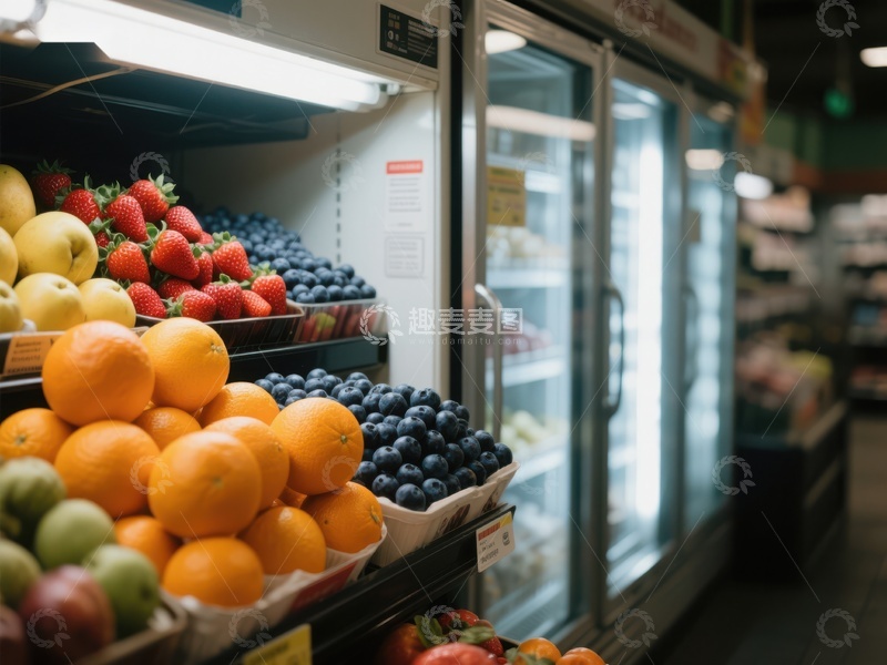高清大图下载【趣麦麦图】超市水果区展示新鲜草莓橙子蓝莓