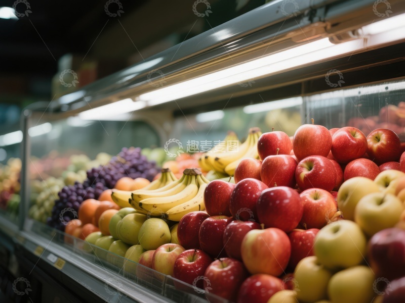 高清大图下载【趣麦麦图】超市水果区展示新鲜苹果香蕉葡萄