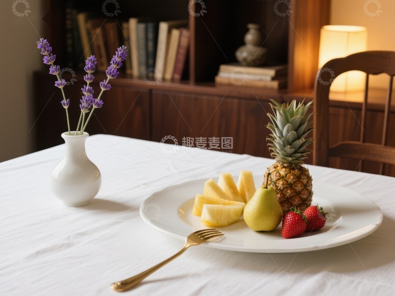 高清大图下载【趣麦麦图】水果拼盘与薰衣草装饰的餐桌