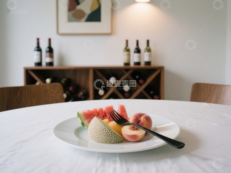 高清大图下载【趣麦麦图】水果拼盘与红酒架的静谧餐桌