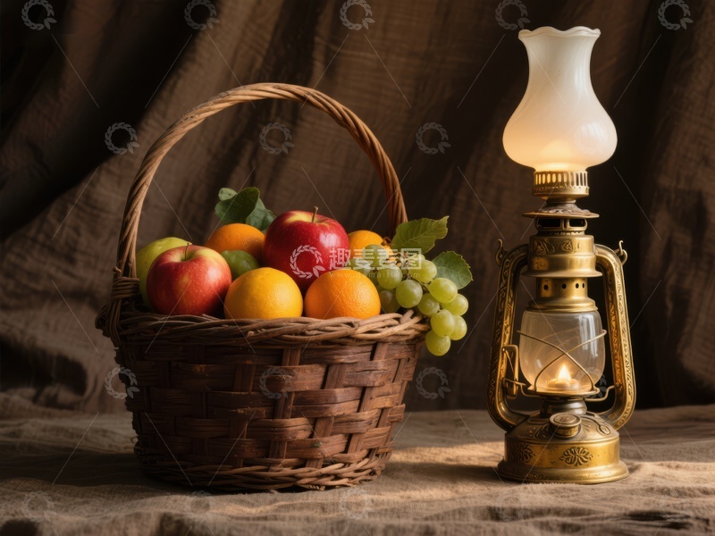 高清大图下载【趣麦麦图】篮子水果与油灯静物