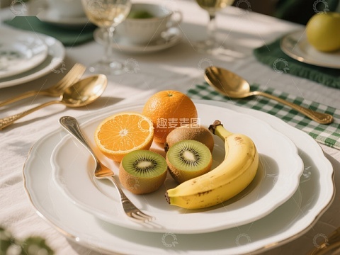 精致餐桌上的水果与餐具
